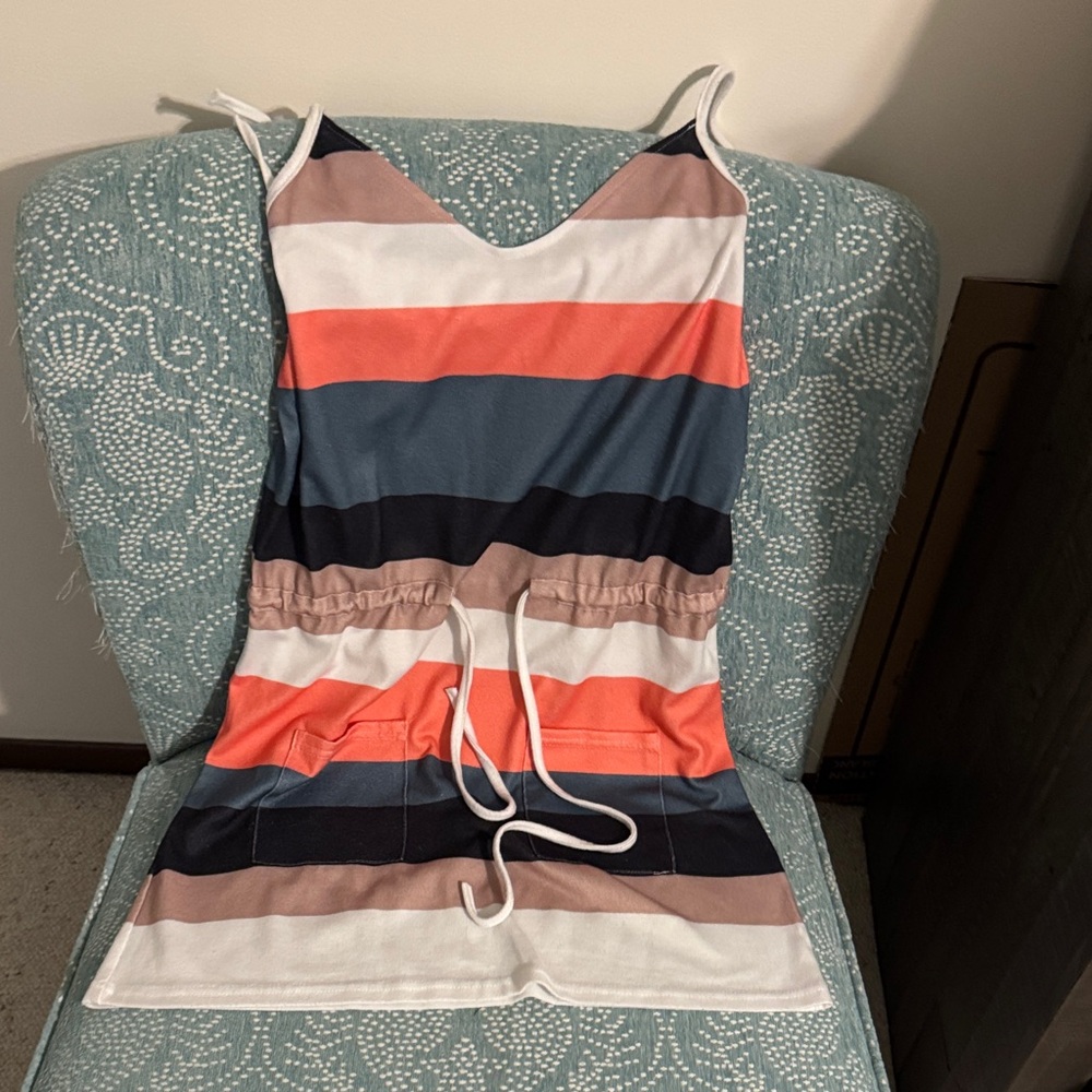 Striped Sleeveless Dress with Drawstring
